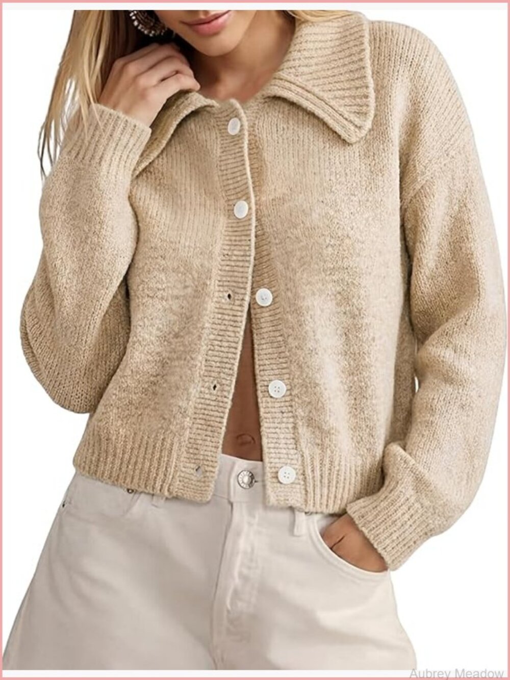 Cropped Collared Knit Cardigan Button Front Long Sleeve - Picture 1 of 7